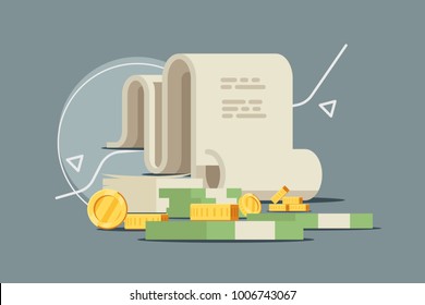 Stacked pile of cash and some gold coins on the background of report paper.Vector concept in flat style