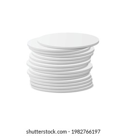 Stacked in pile circle white beer coasters template, realistic vector illustration isolated on white background. Small blank cardboard table beermats or trays.