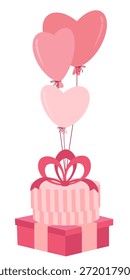 Caixas de presente de Valentim cor-de-rosa empilhadas decoradas com balões em forma de coração. Ilustração romântica bonito perfeito para cartões de Dia dos Namorados, banners, convites, promoções e projetos temáticos de amor