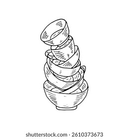 Stacked plate, bowl and cup hand-drawn restaurant kitchen vector theme.