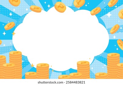 Stacked point coins, focus lines and speech bubble background illustration (blue)
