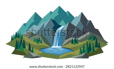 Stacked polygon mountains waterfall vector illustration