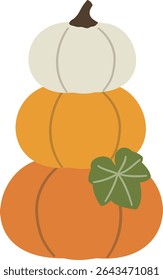 Stacked Pumpkins Illustration.
Three-layer pumpkin outline flat vector design.
Hand drawn Autumn harvest pumpkin and leaves.
Farm fresh pumpkin.
Transparent background.
