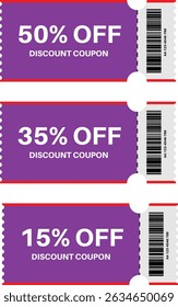 Stacked Purple Discount Coupons with Barcode – 50%, 35%, 15% Off vector illustration	
