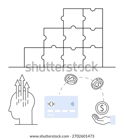 Stacked puzzle pieces, a human head with upward arrows, coins transferring between a hand and a credit card. Ideal for teamwork, innovation, financial management, investment, education, strategic