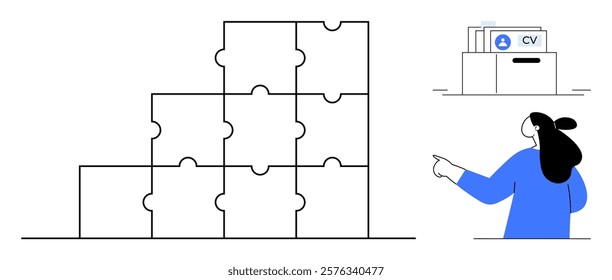 Stacked puzzle pieces with a woman pointing at a CV folder placed on a desk. Ideal for career development, recruitment, problem-solving, teamwork, human resources. Minimalist and simplistic style