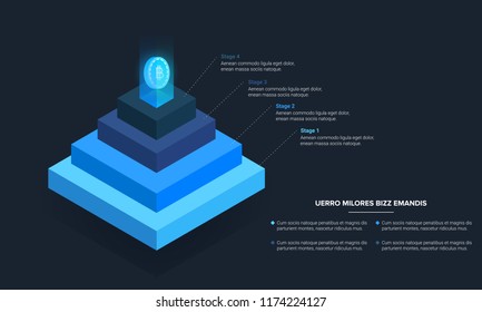 Stacked pyramid level with bitcoin crypto currency light coming out of top. Stages steps  colorful business infographic that can be used in presentations
