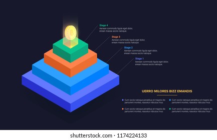Stacked pyramid level with bitcoin crypto currency light coming out of top. Stages steps  colorful business infographic that can be used in presentations