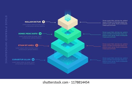 Stacked pyramid level with light coming out of top. Stages steps  colorful business infographic that can be used in presentations