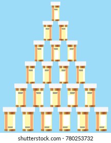 A stacked pyramid of prescription pill bottles six rows high