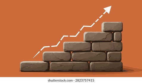 Stacked rectangular stone blocks forming an ascending staircase with a white dashed line arrow pointing upward against a solid terracotta orange background for business growth.