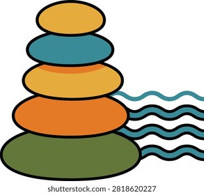 Stacked river pebbles on green base with blue wave lines symbolizing harmony balance and meditation concept