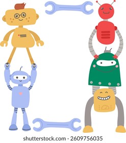 Stacked robots holding wrenches create a playful frame in a cartoon style. A whimsical arrangement of mechanical figures forms a border with tools. Cartoon vector illustration.
