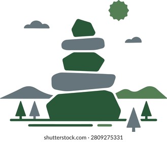 Stacked rocks in a serene landscape with trees and mountains under a bright sun