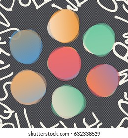 Stacked round colorful watercolor vector shapes. Abstract banners. Squared black background with white alphabet letters