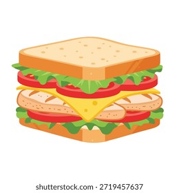 Un sándwich apilado con capas de pan, lechuga, tomate, queso y carne en rodajas