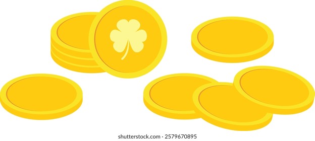 Stacked and scattered gold coins with shamrock image. Vector illustration with transparent background.