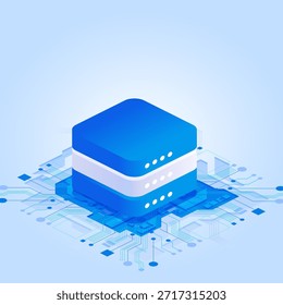 Bloque de servidor apilado en una plataforma de circuito digital. Almacenamiento de datos centralizado, potencia de procesamiento e infraestructura de TI modular. Ideal para el centro de datos y el contenido tecnológico