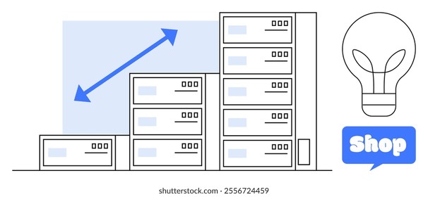 Stacked servers increase in height next to a blue upward arrow. To the right, a bulb symbolizes ideas, with a Shop speech bubble below. Ideal for technology, business growth, e-commerce, startups