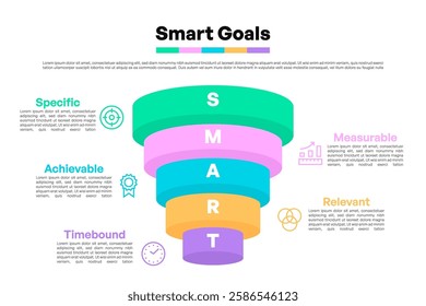 Stacked SMART Goals Inverted Pyramid with Layers and Icons Vector Illustration