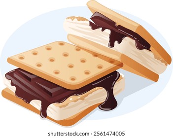 Stacked S`mores Illustration. Chocolated Melting on Gooey Roasted Marshmallows in between Graham Crackers. Delicious American Camping Snacks 