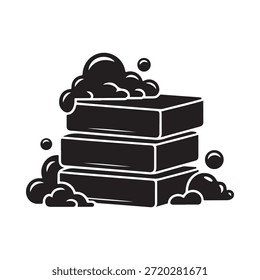 Barras de sabão empilhadas com espuma borbulhante uma ilustração minimalista em preto e branco