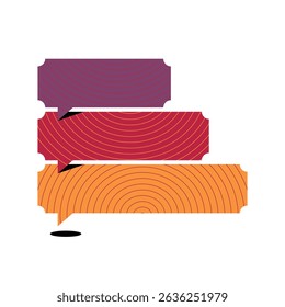 Stacked Speech Bubbles with Circular Line Patterns in Gradient Colors, Colorful speech bubbles with concentric line pattern in purple, red, and orange