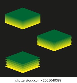 Stacked square layers. Gradient green to yellow. Geometric abstract shapes. Dark background contrast.