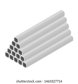 Stacked square rectangle steel metallic tubes pipes profiles industry manufacturing construction structure products white background isometric view