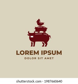 Stacked stock animal hen, pig and cow with body of sausage, food business logo design