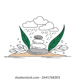 Stacked stones with leaves and rain falling in a zen garden scene