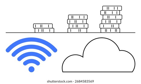 Unidades de armazenamento empilhadas aumentando em altura, sinal wireless azul e contorno de nuvem. Ideal para tecnologia, gerenciamento de dados, computação em nuvem, conectividade com a Internet, marketing digital, negócios