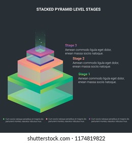 Stacked three pyramid level stages with light on the top colorful business infographic that can be used in presentations
