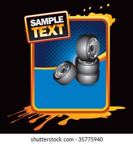 stacked tires on blue halftone banner
