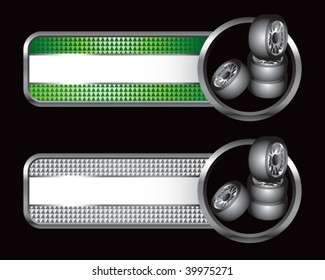 stacked tires on green and silver checkered banners