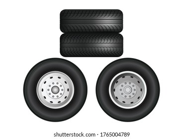 Stacked truck wheels. Black rubber Truck tires on a white background.