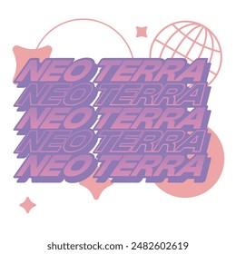 Stacked Typography of "Neo Terra" with Abstract Futuristic Shapes Beneath, Muted Pink and Purple Color Y2K Flat Style