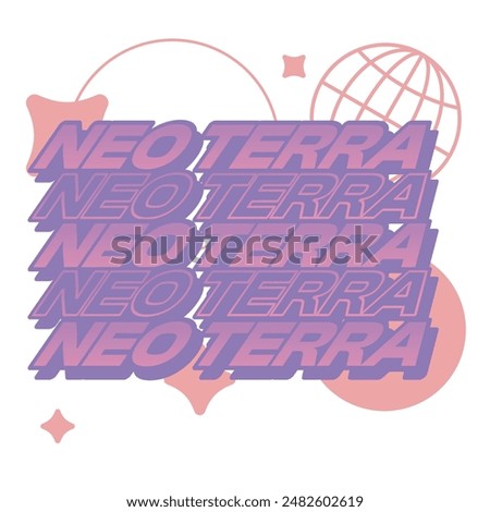 Stacked Typography of "Neo Terra" with Abstract Futuristic Shapes Beneath, Muted Pink and Purple Color Y2K Flat Style