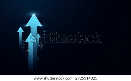 Stacked upward blue arrows emit light, illustrating rapid progress toward future success. Glowing arrow cluster in blue tones visualizes chart-based growth and market innovation