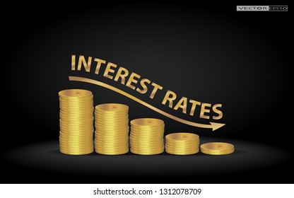 Stacked US Dollar coins shows decreasing of interest rates / Financial Concept.