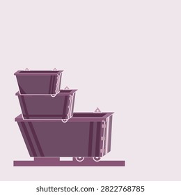 Stacked waste containers drawn as open topped units stacked on a yard slab with the rear doors shut, a flat geometric vector in plum colours with plain panels left free for your own dates and wording.