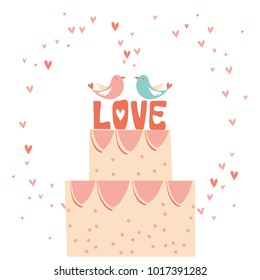 Stacked wedding cake dessert with heart topper line art vector icon for food apps and websites. wedding cake. birds on the wedding cake.