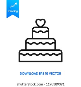 Stacked wedding cake dessert with heart topper line art vector icon for food apps and websites