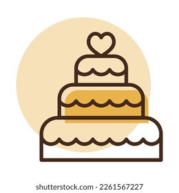 Stacked wedding cake dessert with heart topper isolated icon. Vector illustration, romance elements. Sticker, patch, badge, card for marriage, valentine