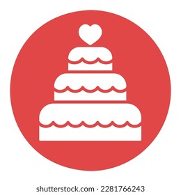 Stacked wedding cake dessert with heart topper isolated glyph icon. Vector illustration, romance elements. Sticker, patch, badge, card for marriage, valentine