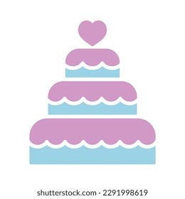 Stacked wedding cake dessert with heart topper isolated glyph icon. Vector illustration, romance elements. Sticker, patch, badge, card for marriage, valentine
