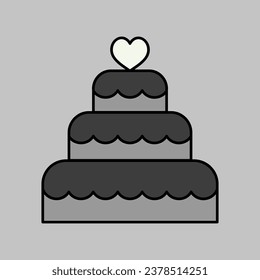Stacked wedding cake dessert with heart topper isolated grayscale icon. Vector illustration, romance elements. Sticker, patch, badge, card for marriage, valentine