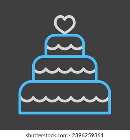 Stacked wedding cake dessert with heart topper isolated on dark background icon. Vector illustration, romance elements. Sticker, patch, badge, card for marriage, valentine