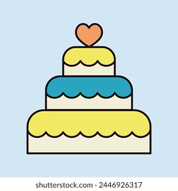 Stacked wedding cake dessert with heart topper isolated icon. Vector illustration, romance elements. Sticker, patch, badge, card for marriage, valentine