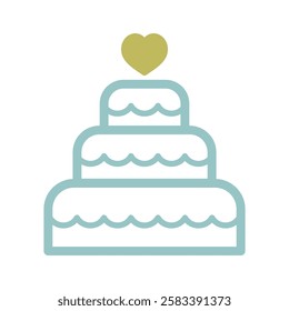 Stacked wedding cake dessert with heart topper isolated icon. Vector illustration, romance elements. Sticker, patch, badge, card for marriage, valentine